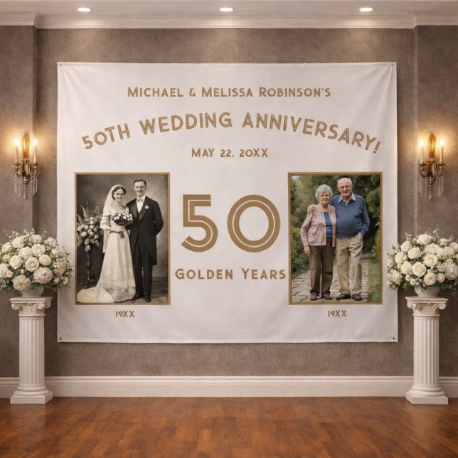Elegant Ivory und Gold Banner zum 50-jährigen Jubi Wandteppich (Elegant 50th wedding anniversary banner framed with ivory florals and classic columns)