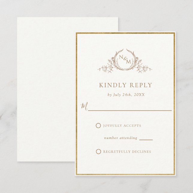 Elegant Ivory und Gold Monogram Wedding RSVP Karte (Vorne/Hinten)