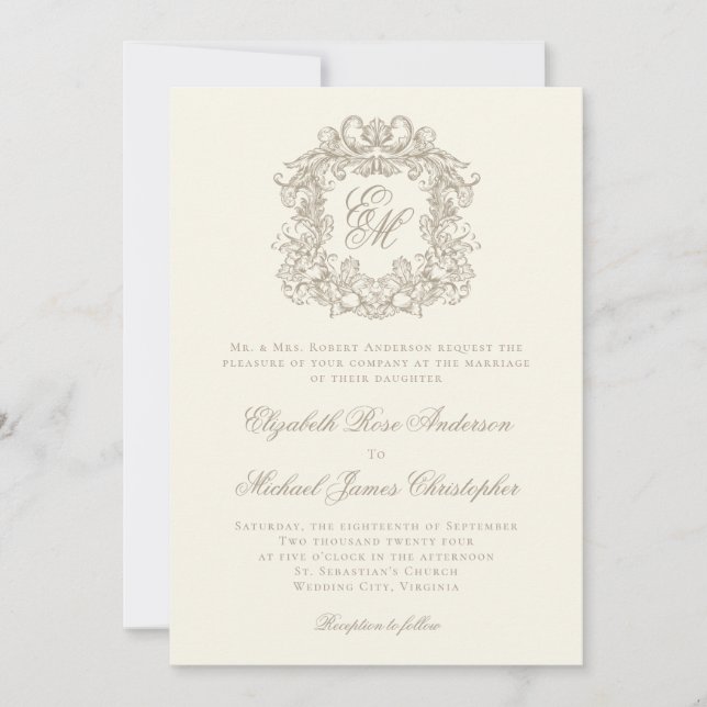 Elegant Ivory Vintage Crest Monogram Wedding Einladung (Vorderseite)