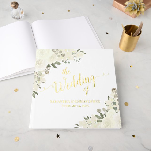 Elegant Ivory White Boho Blumenzwiese Hochzeit Gästebuch (Vorderseite Offen)