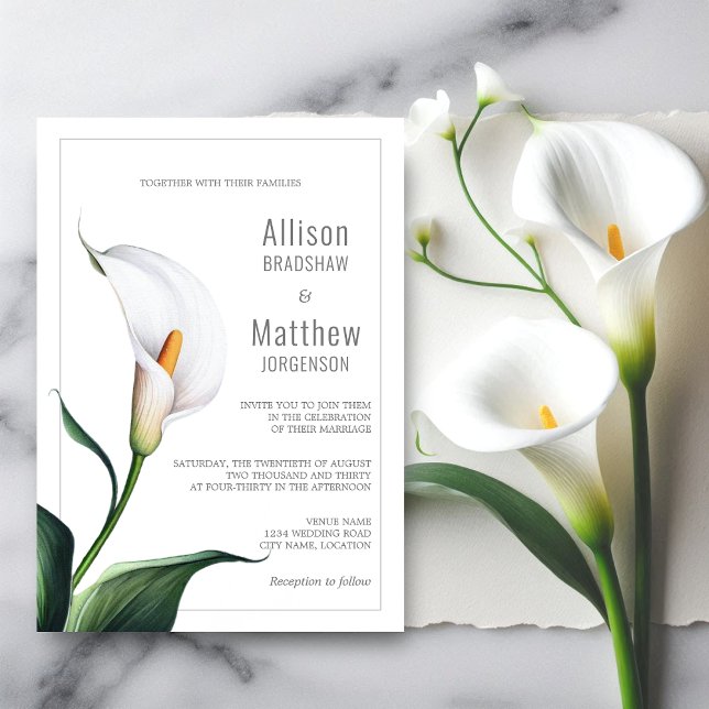 Elegant Ivory White Calla Lily Wedding Einladung (Elegant white ivory calla lily wedding invitation front view.)