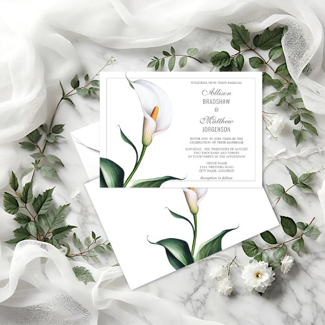 Elegant Ivory White Calla Lily Wedding Einladung (Elegant Ivory White Calla Lily wedding invitation front and back view.)