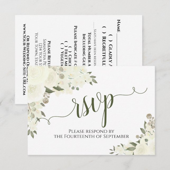 Elegant Ivory White Floral Calligraphy Wedding RSVP Karte (Vorne/Hinten)