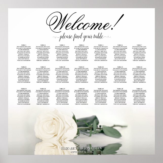 Elegant Ivory White Rose 21 Tabelle Seating Chart Poster (Vorne)