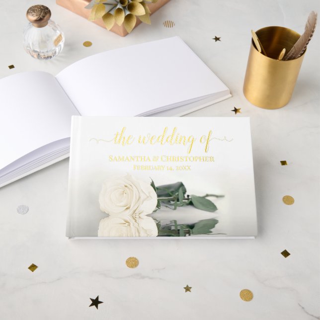 Elegant Ivory White Rose Kleine Hochzeit Gästebuch (Vorderseite Offen)