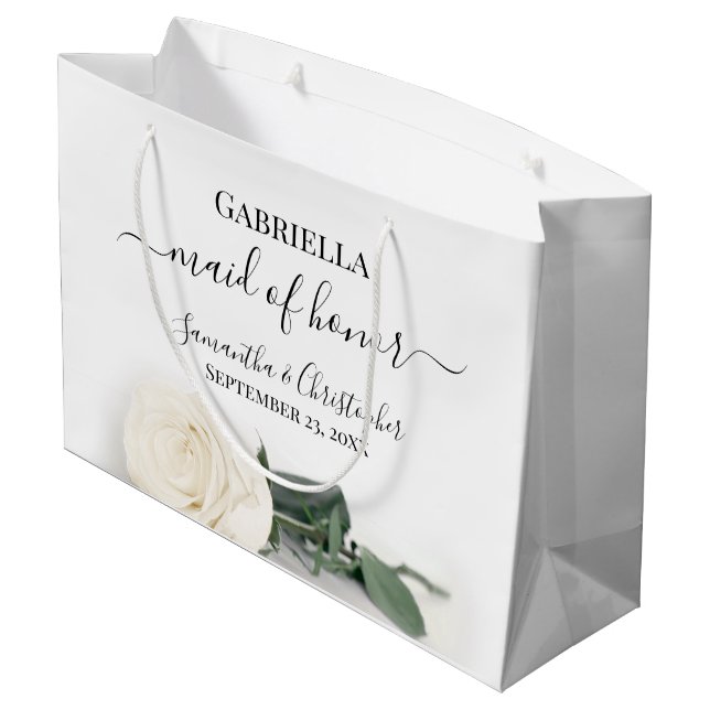 Elegant Ivory White Rose Maid of Honor Wedding Große Geschenktüte (Rückseite Schrägansicht)