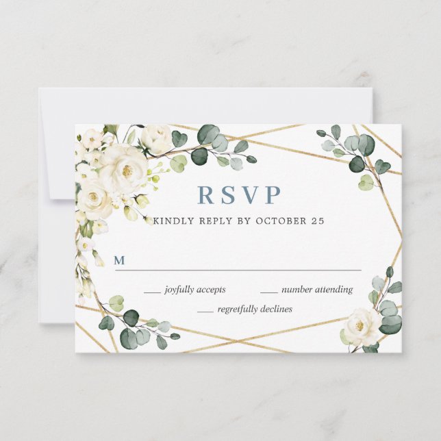Elegant Ivory White Roses Eucalyptus Wedding RSVP Karte (Vorderseite)