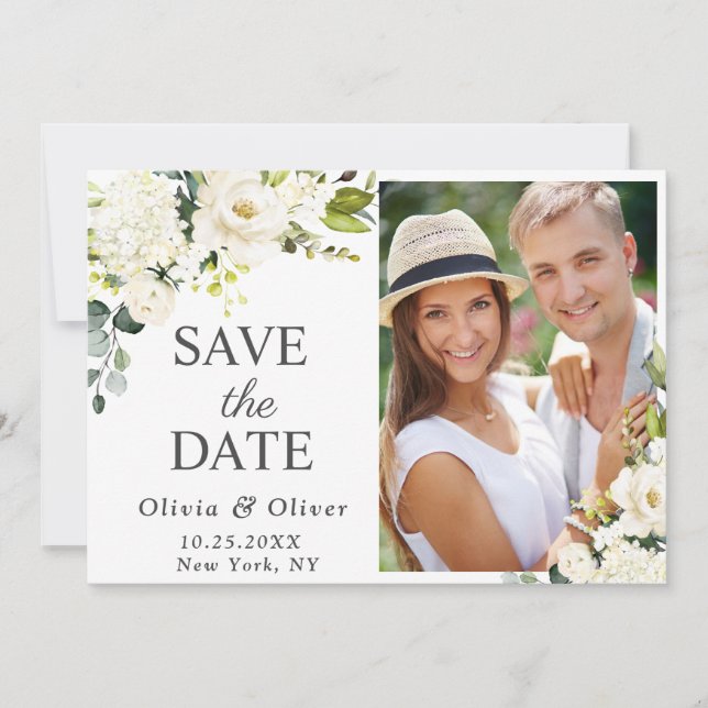 Elegant Ivory White Roses Greenery FOTO Wedding Save The Date (Vorderseite)
