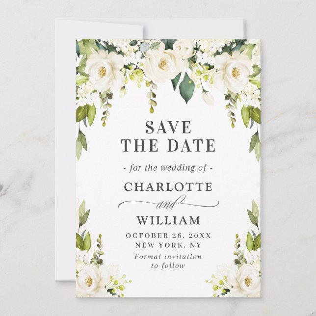 Elegant Ivory White Roses Grüne Hochzeit Save The Date (Vorderseite)