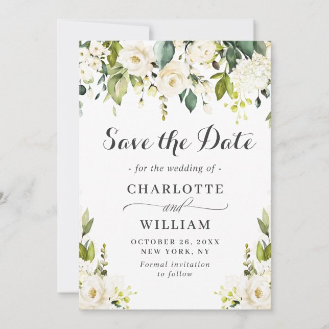 Elegant Ivory White Roses Grüne Hochzeit Save The Date (Vorderseite)