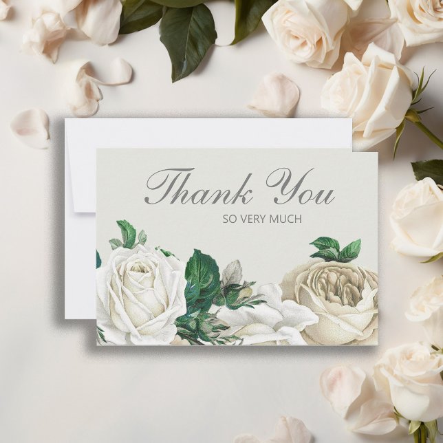 Elegant Ivory White Roses Wedding Vielen Dank Dankeskarte (Elegant white floral wedding Thank You card.)