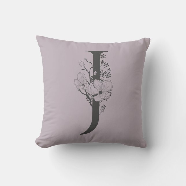Elegant J Boho Floral Monogram Initial Lilac Gray Kissen (Vorderseite)