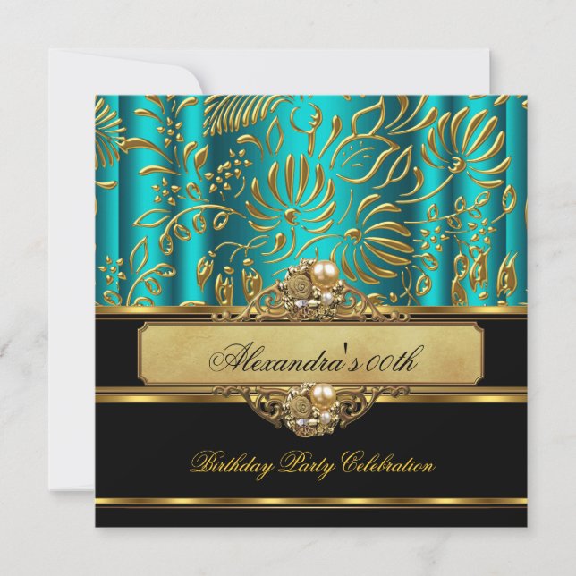 Elegant Jade Blue Green Gold Damask Pearl Party Einladung (Vorderseite)