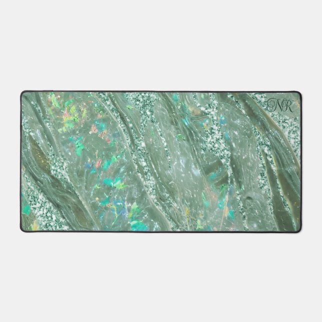 Elegant Jade Green Glitzer Holographic Opal Marble Schreibtischunterlage (Vorderseite)