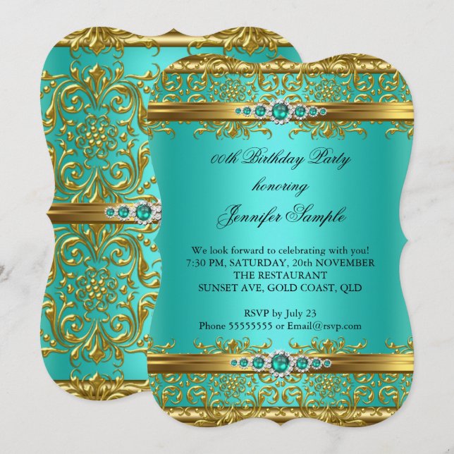 Elegant Jade Green Gold Damask Diamond Geburtstag Einladung (Vorne/Hinten)