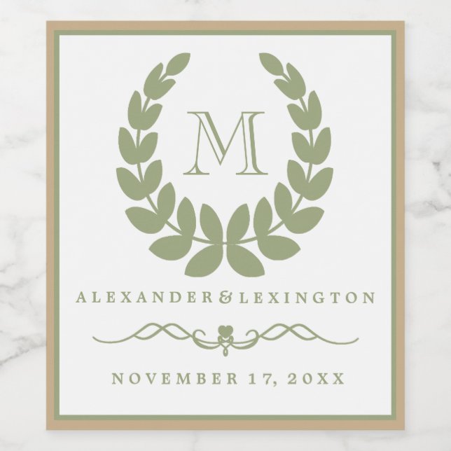 Elegant Jade Monogram Laurel Wreath Wedding Weinetikett (Einzelnes Label)