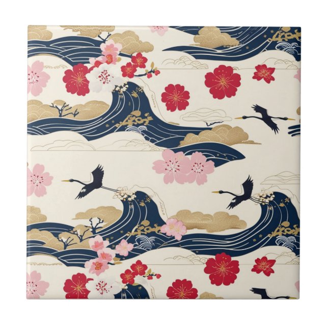 Elegant Japanese Ceramic Tile with Floral Waves Fliese (Vorderseite)