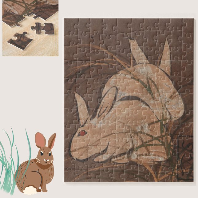 Elegant Japanese Edo Period Rabbits Jigsaw Puzzle (A  lovely vintage Asian rabbit print jigsaw puzzle, for hours of enjoyment.)