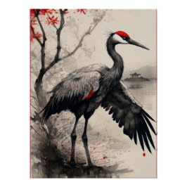 Elegant Japanese Red-Crowned Crane & Maple Tree Poster