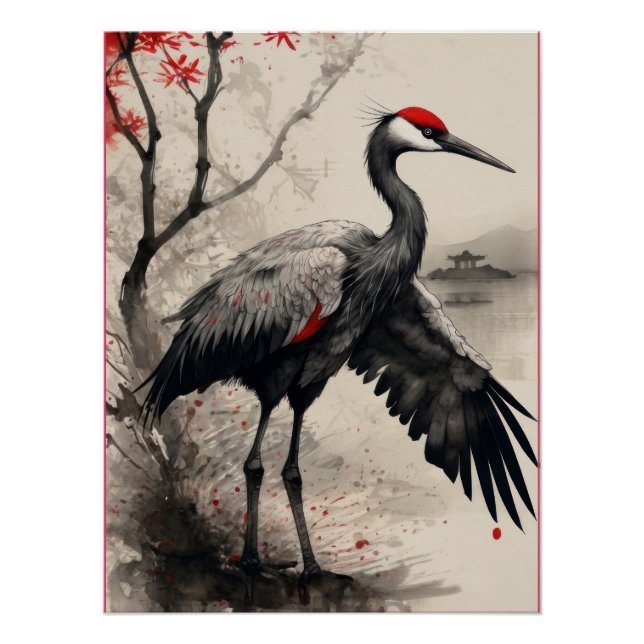 Elegant Japanese Red-Crowned Crane & Maple Tree Poster (Vorderseite)