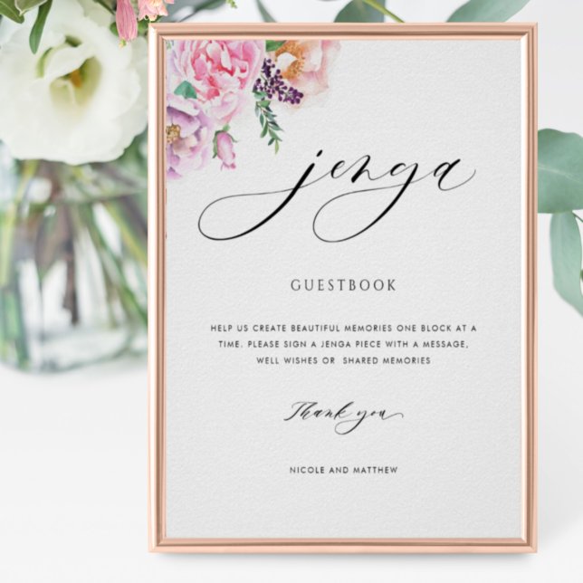 Elegant Jenga Guestbook Pastel Floral Wedding Sign Poster (Von Creator hochgeladen)