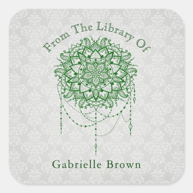 Elegant Jeweled Zen Mandala Damask Buchzeichen Quadratischer Aufkleber (Vorderseite)