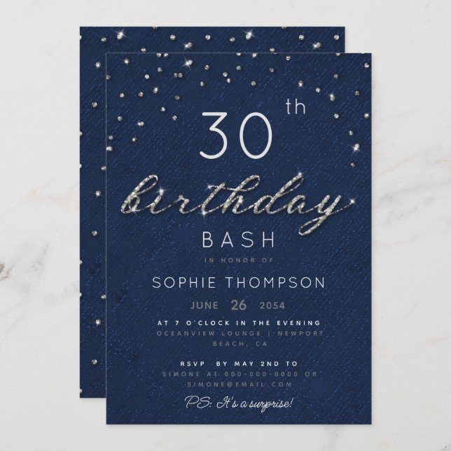 Elegant Jewels Navy Sparkle Glitzer Birthday Party Einladung (Vorne/Hinten)