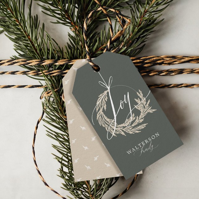 Elegant Joy Calligraphy Garland Wreath Familiennam Geschenkanhänger (Elegant Joy Calligraphy Garland Wreath Family Name Gift Tags)