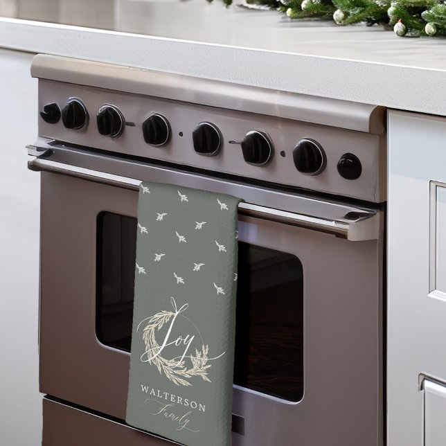 Elegant Joy Calligraphy Garland Wreath Familiennam Geschirrtuch (Elegant Joy Calligraphy Garland Wreath Family Name Kitchen Towel (Thirds Fold))