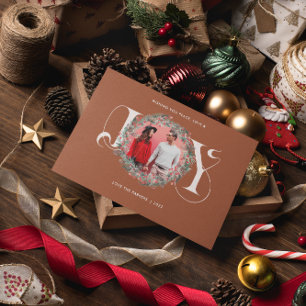 Elegant JOY Christmas Wreath Verlasse Berries Foto Feiertagskarte