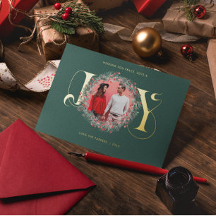 Elegant JOY Christmas Wreath Verlasse Berries Foto Folien Feiertagskarte