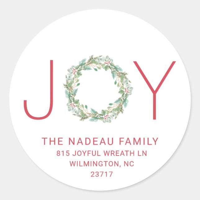 Elegant Joy Wreath Weihnachts-Rücksendeadresse Runder Aufkleber (Vorderseite)