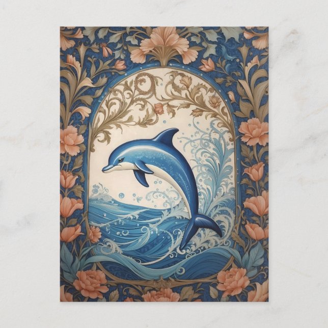 Elegant Jumping Dolphin William Morris Inspiriert Postkarte (Vorderseite)