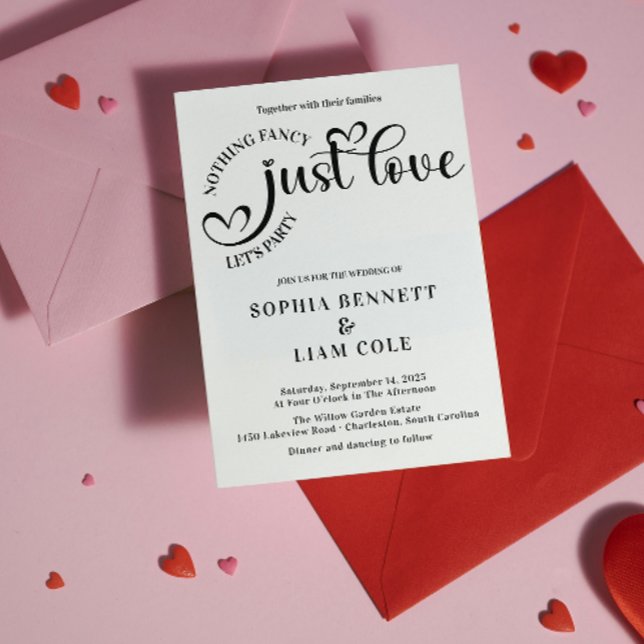 Elegant Just Love Black and  White Heart Wedding  Einladung (Elegant Just Love Black and White Heart Wedding Invite fun quotes nothing fancy just love lets party)
