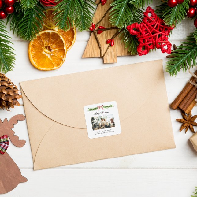 Elegant Just Married Newlywed Christmas Photo Quadratischer Aufkleber (Von Creator hochgeladen)