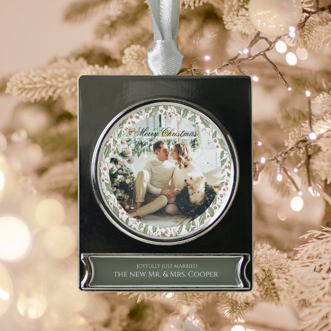 Elegant Just Married Newlywed Photo Christmas Banner-Ornament Silber (Von Creator hochgeladen)