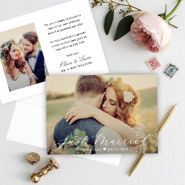 Elegant Just Married White Script Wedding Foto Ankündigung