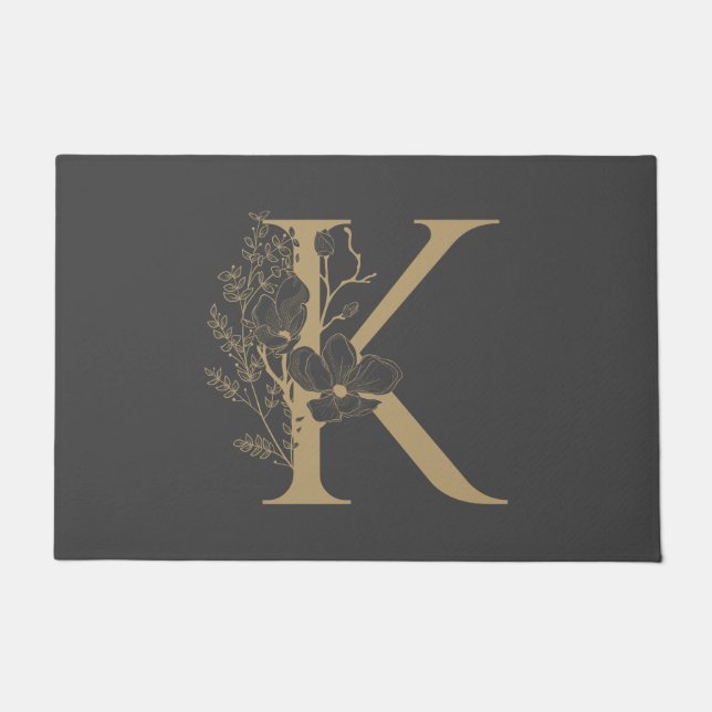 Elegant K Boho Floral Monogram Initial Gray Gold Fußmatte (Vorderseite)