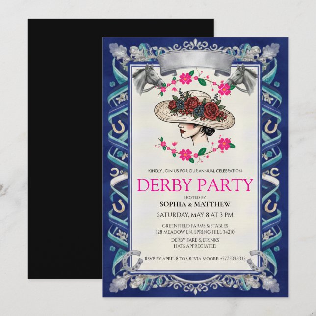 Elegant Kentucky Derby Party Floral Invitation Einladung (Vorne/Hinten)