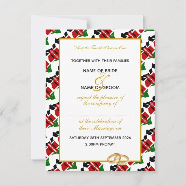 Elegant KENYA FLAG mit Gold Script WEDING Einladung (Vorderseite)