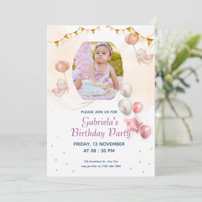 Elegant Kid's Photo Birthday  Printable Invitation Einladung (Stehend Vorderseite)