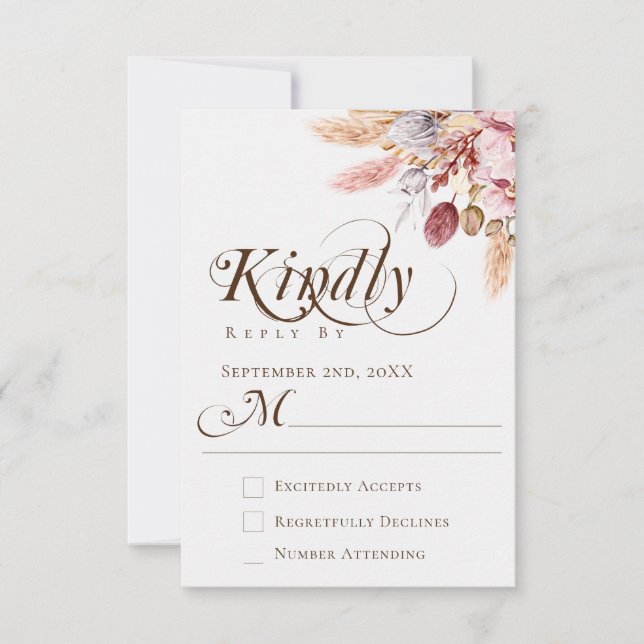 Elegant Kindly Reply Boho Pampas Grass Wedding RSVP Karte (Vorderseite)