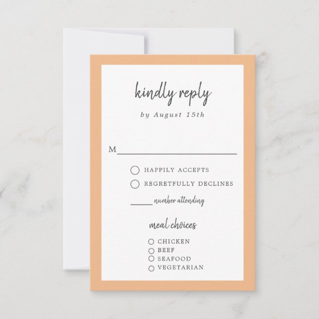 Elegant Kindly Reply Peach Wedding Meal Choice RSVP Karte (Vorderseite)