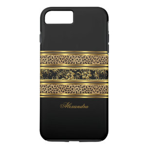 Elegant Klassisch Gold Schwarz Leopard Blumenmuste iPhone 8 Plus/7 Plus Hülle