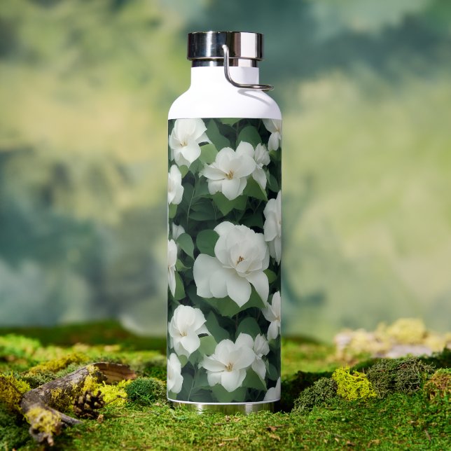 Elegant klassisch grün botanisch weiß Blüte Trinkflasche (Außenbereich)