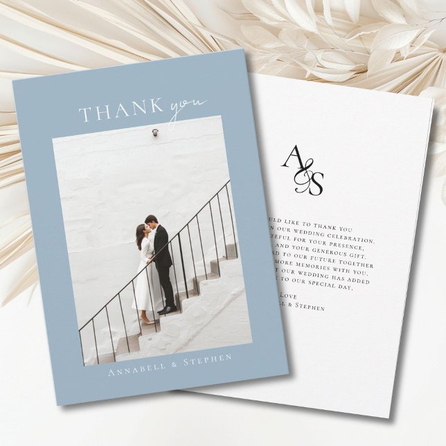 Elegant, klassisch, Monogram, danke! 1 FOTO Dankeskarte (Elegant, classic, monogram, powder-blue-white, wedding 1 photo "Thank you" card.)
