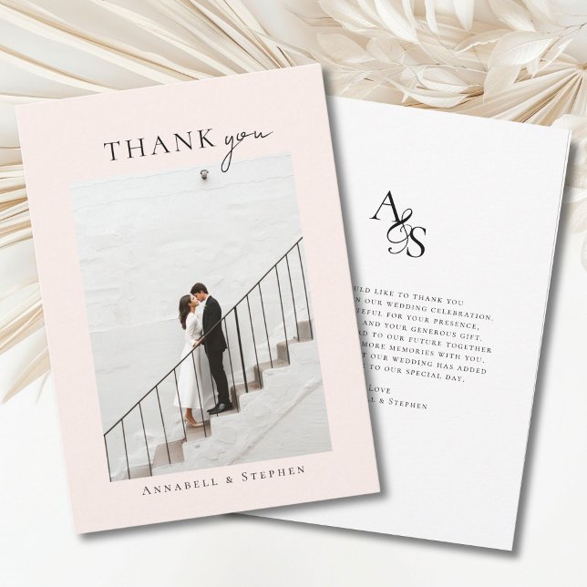 Elegant, klassisch, Monogram, danke! 1 FOTO Dankeskarte (Elegant, classic, monogram, beige-blush-white, wedding 1 photo "Thank you" card.)