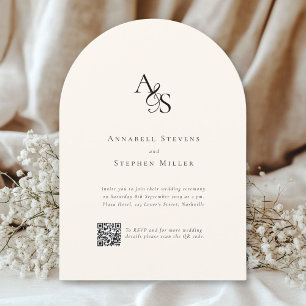 Elegant, klassisch, Monogramm, Beige, QR-Code Hoch Einladung