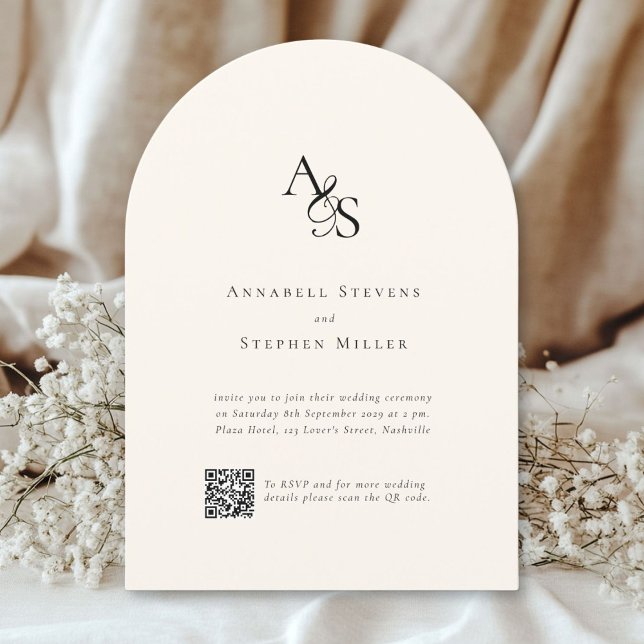 Elegant, klassisch, Monogramm, Beige, QR-Code Hoch Einladung (Elegant, Classic, Monogram, Beige, QR Code Wedding Invitation)