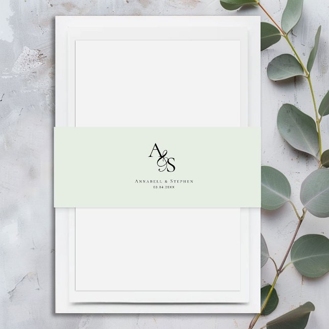 Elegant, klassisch, Monogramm, Hochzeit Einladungsbanderole (Elegant, Light-Green and White, Classic, Monogram, Wedding Invitation Belly Band)